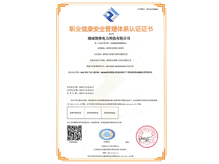 職業(yè)健康安全管理體系認證證書